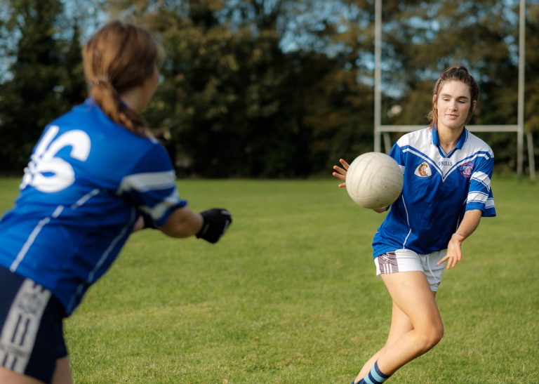 Girls from Ennis Community College play Gaelic football. Photo by Paul Corey